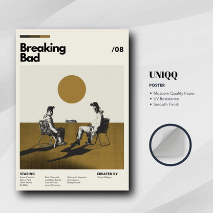 Vintage Breaking Bad poster showcasing minimalist design of Walter White and Jesse Pinkman in a desert setting.