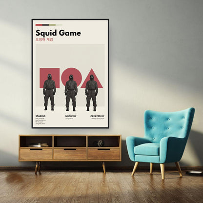 Squid Game Vintage framed print featuring iconic characters in bold retro design, enhancing modern interior decor.