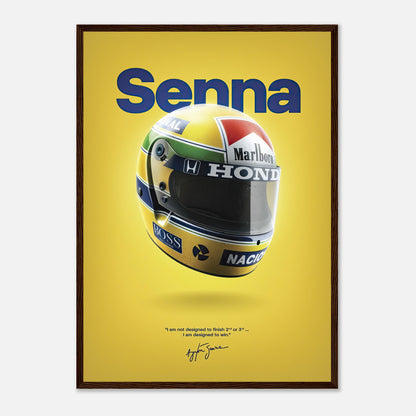 Ayrton Senna helmet framed poster featuring vibrant colors and inspirational quote, perfect for motorsport enthusiasts.