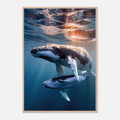 Underwater photography of a humpback whale and calf, showcasing ocean beauty with sunlight filtering through the water.