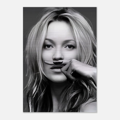 Artistic brushed metal artwork of Kate Moss with a mustache, adding a stylish and bold touch to decor.