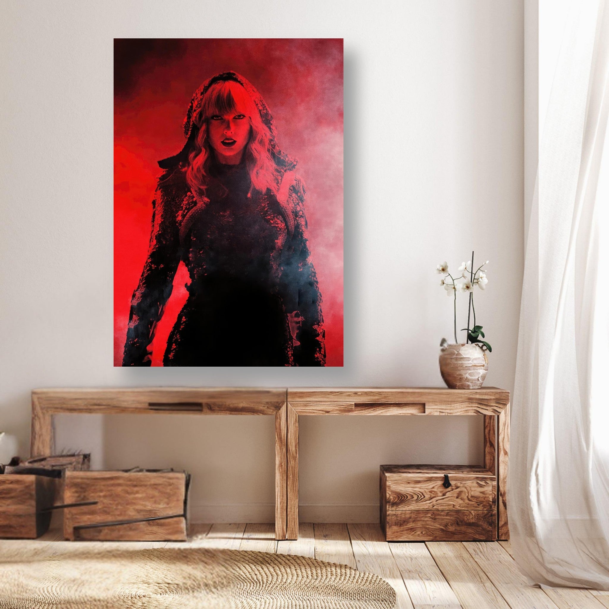 Taylor Swift Red poster featuring her in a striking red backdrop, perfect for music fans to enhance their space.