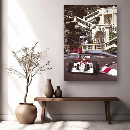 Ayrton Senna Monaco metal print showcasing iconic Formula 1 moment in vibrant colors and sleek modern design.