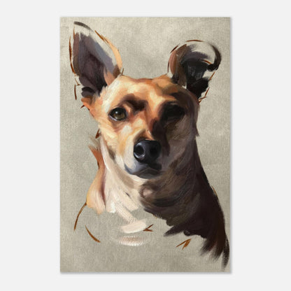 Chihuahua dog painting on metal print, showcasing soft brush strokes and warm tones, capturing the breed's charm.