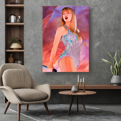 Taylor Swift The Eras Tour poster on a wall, showcasing vibrant design and stunning details, perfect for Swiftie fans.