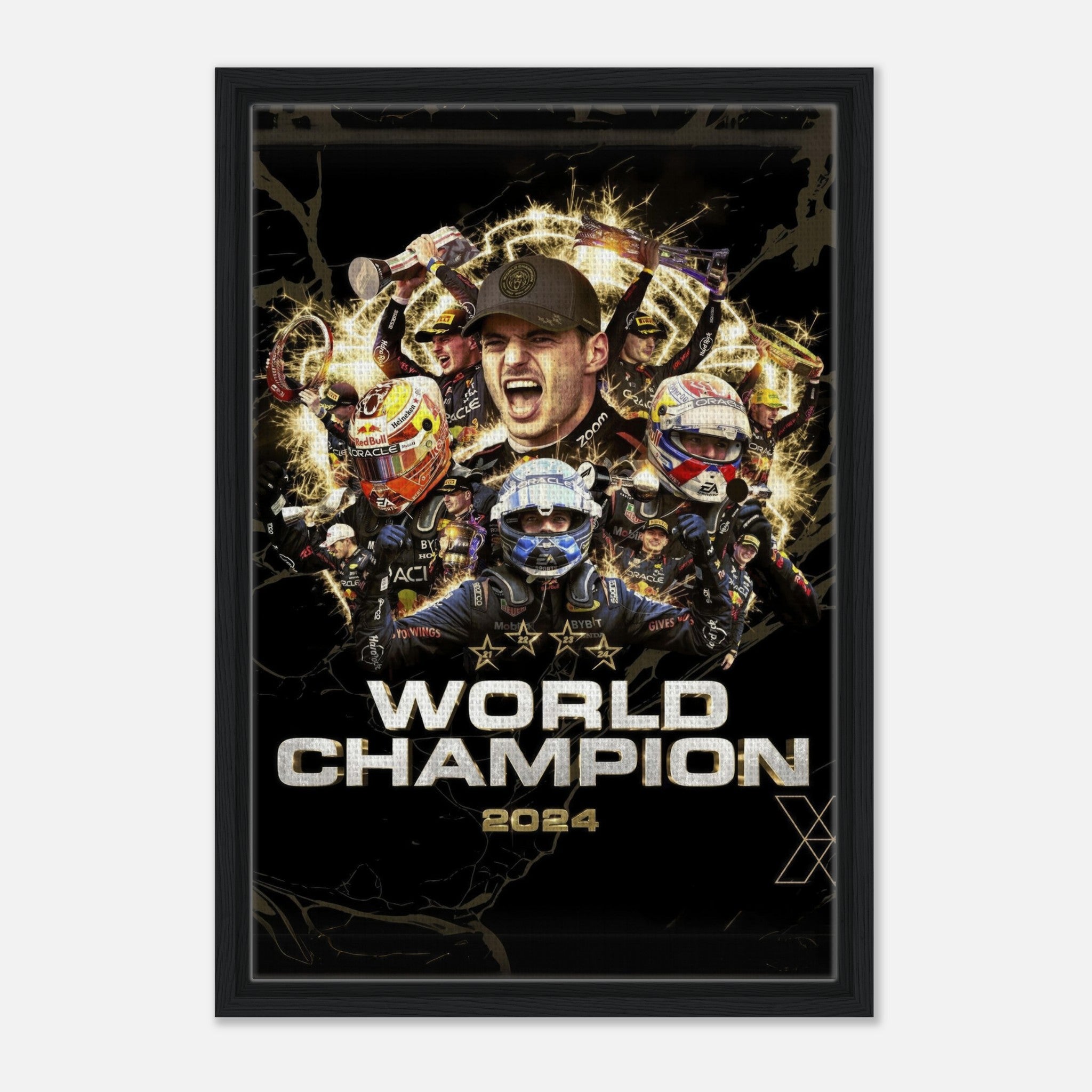 Max Verstappen 2024 F1 World Champion framed canvas print showcasing iconic racing moments in vibrant detail.