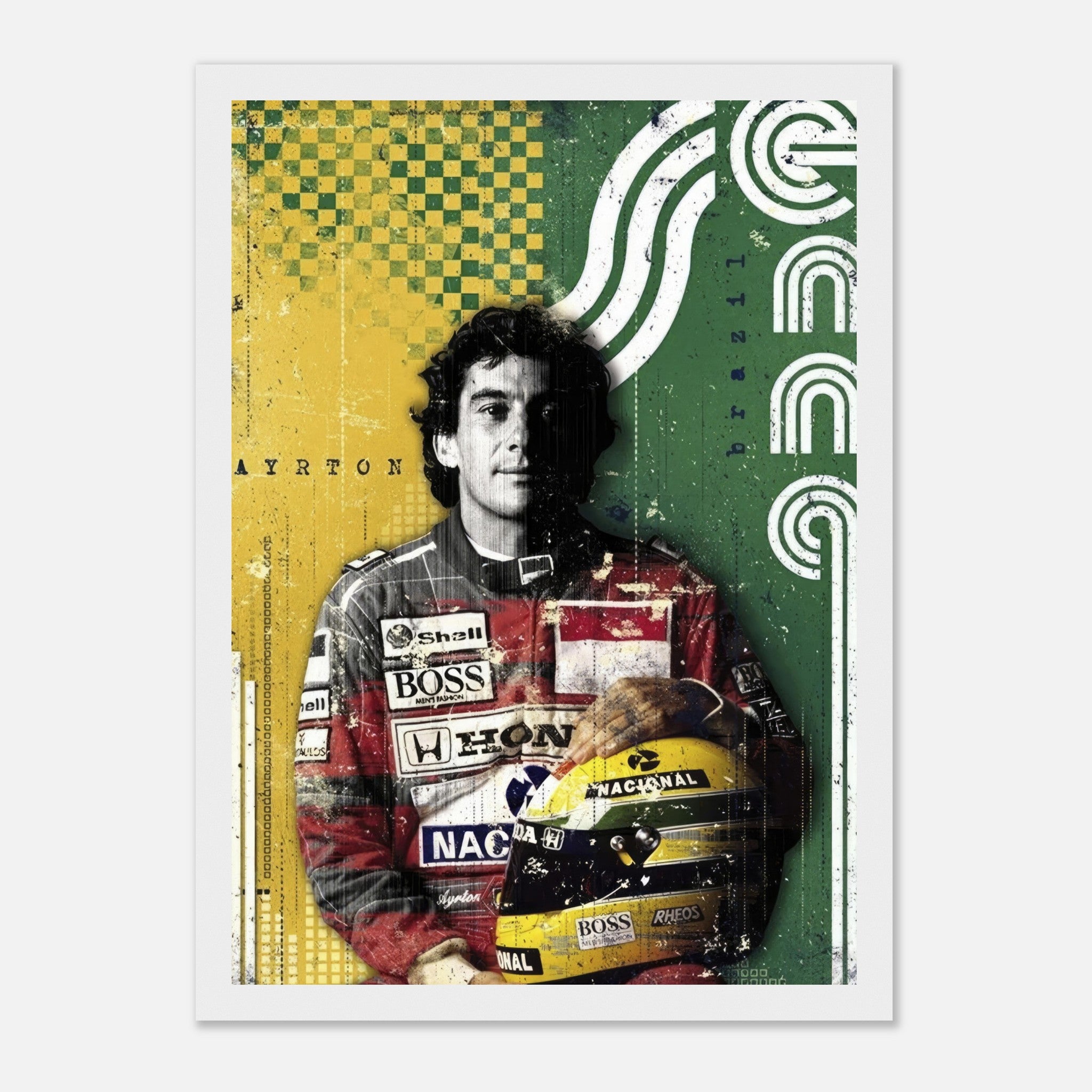 Ayrton Senna framed print featuring vibrant colors and design inspired by the Brazilian flag, perfect for F1 fans.