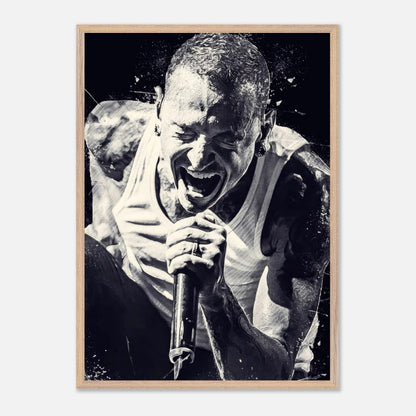 Chester Bennington vintage framed print in black-and-white, showcasing his passionate performance as Linkin Park's frontman.