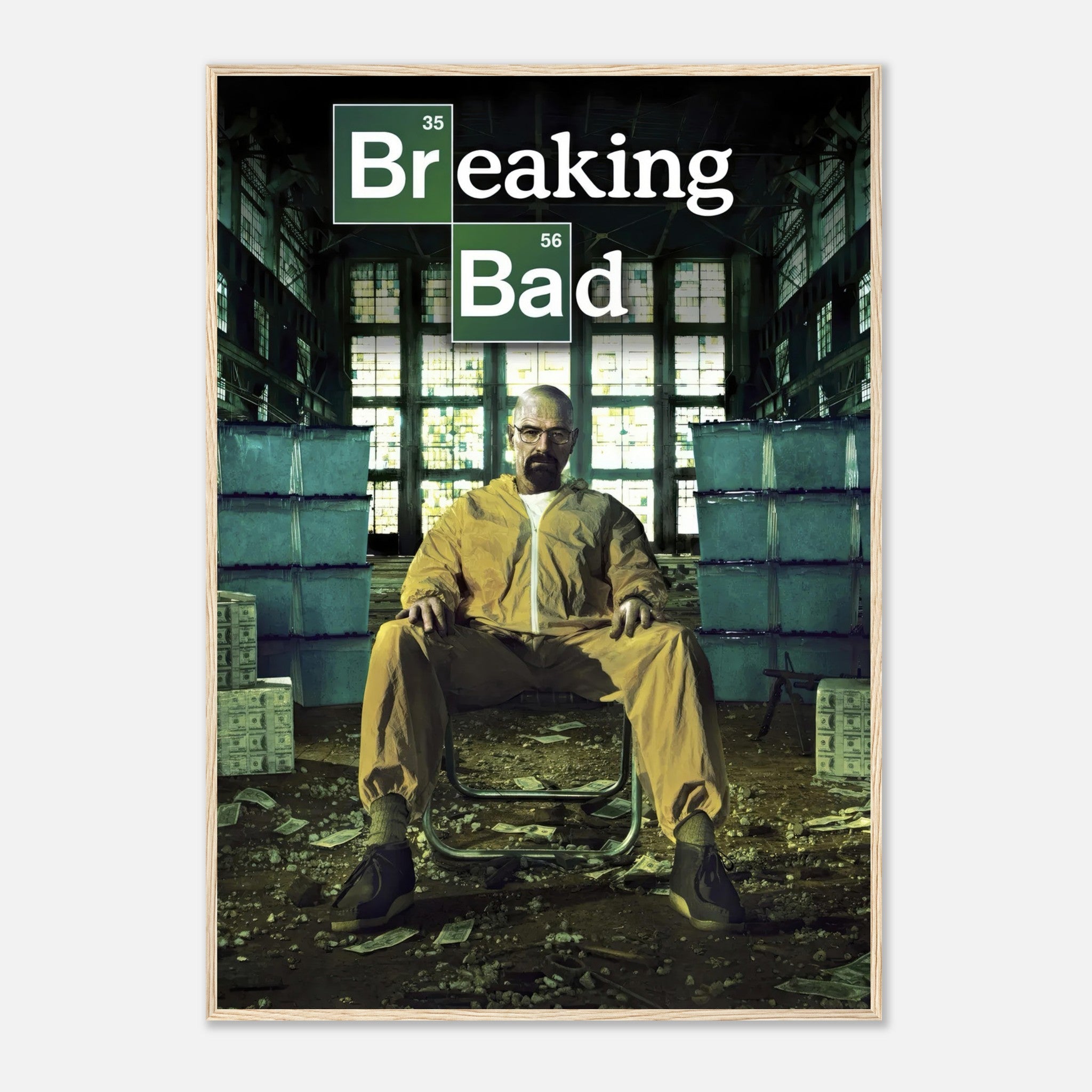 Walter White framed poster featuring him in a yellow hazmat suit from Breaking Bad, set in an intense, gritty scene.