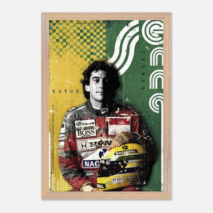 Vintage framed print of Ayrton Senna, showcasing bold Brazilian colors and retro design, celebrating F1 racing legacy.