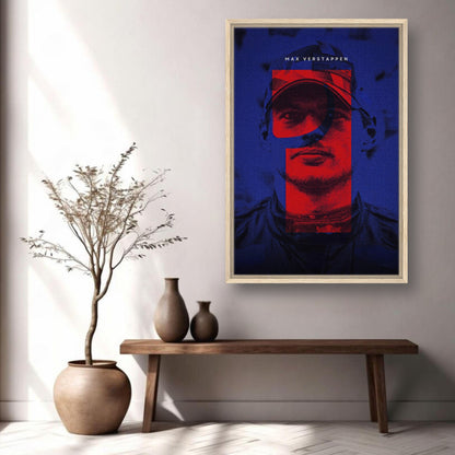 Framed canvas print of Max Verstappen with bold colors and sleek design, perfect for elevating home decor.