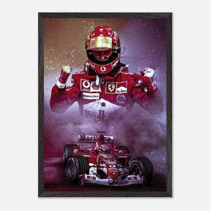 Michael Schumacher fine art print showcasing him in Ferrari suit with championship car, celebrating speed and victory.