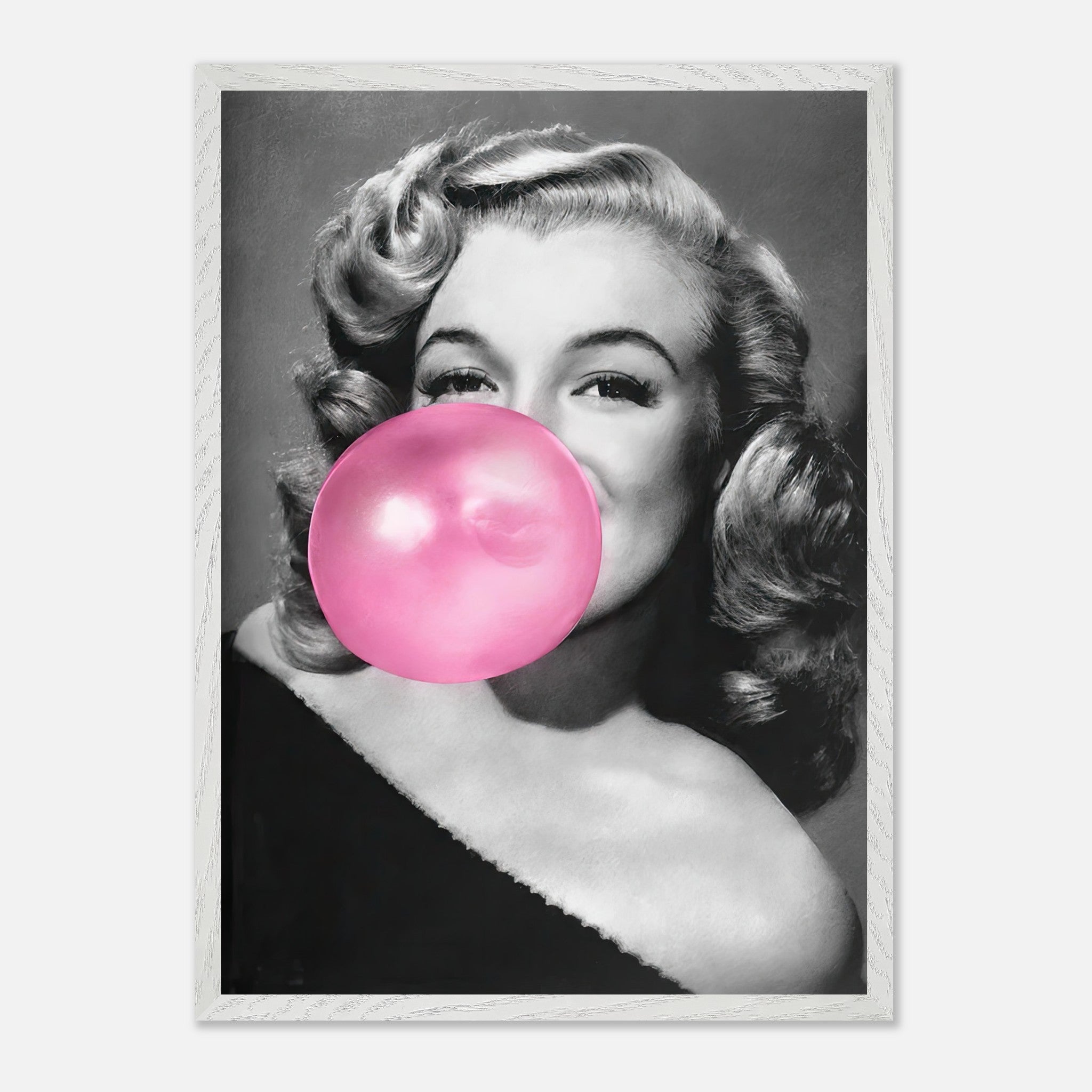 Marilyn Monroe vintage framed print with pink bubble gum, adding a playful touch to your wall decor.