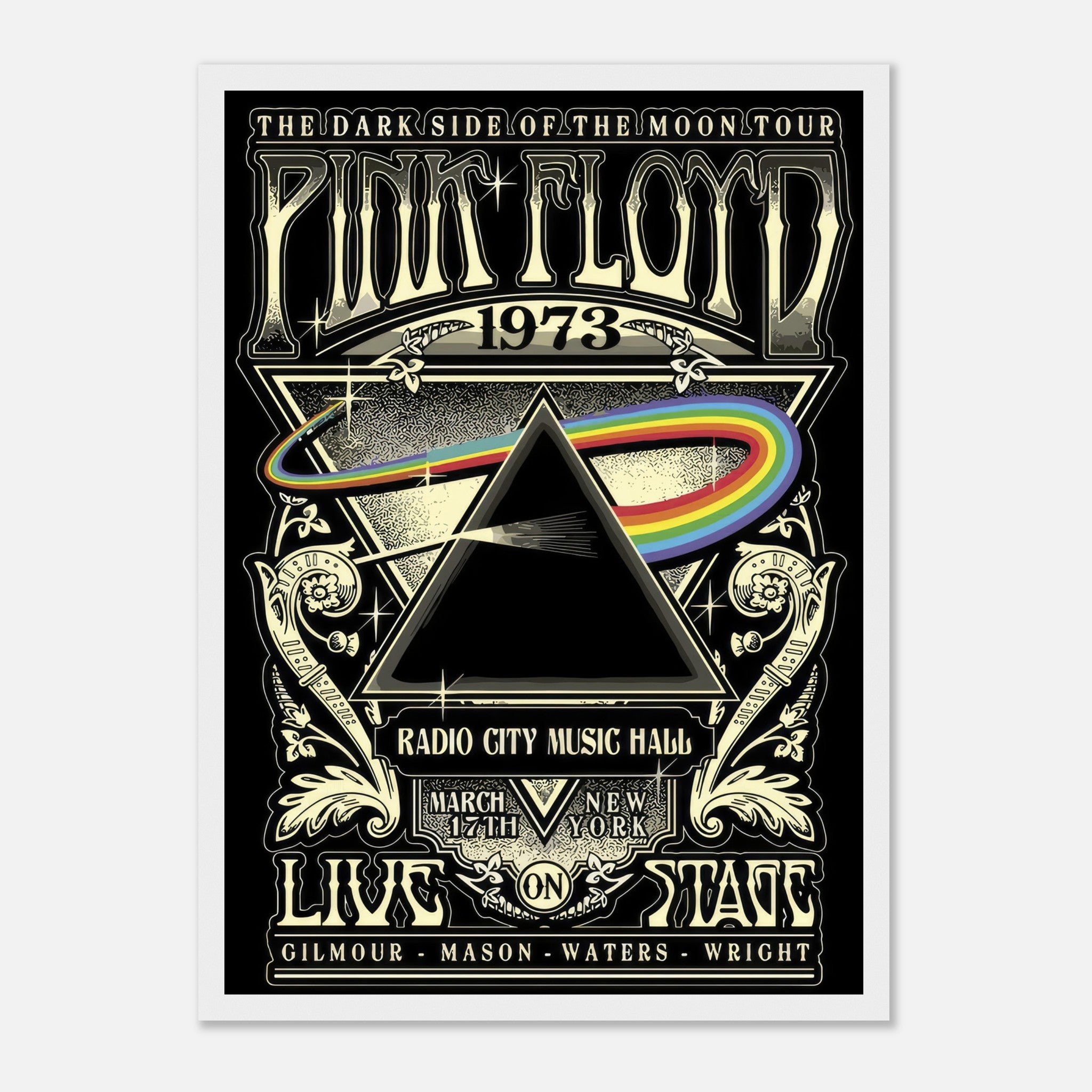 Framed print of Pink Floyd's 1973 Dark Side of the Moon tour poster featuring iconic prism and rainbow graphics.