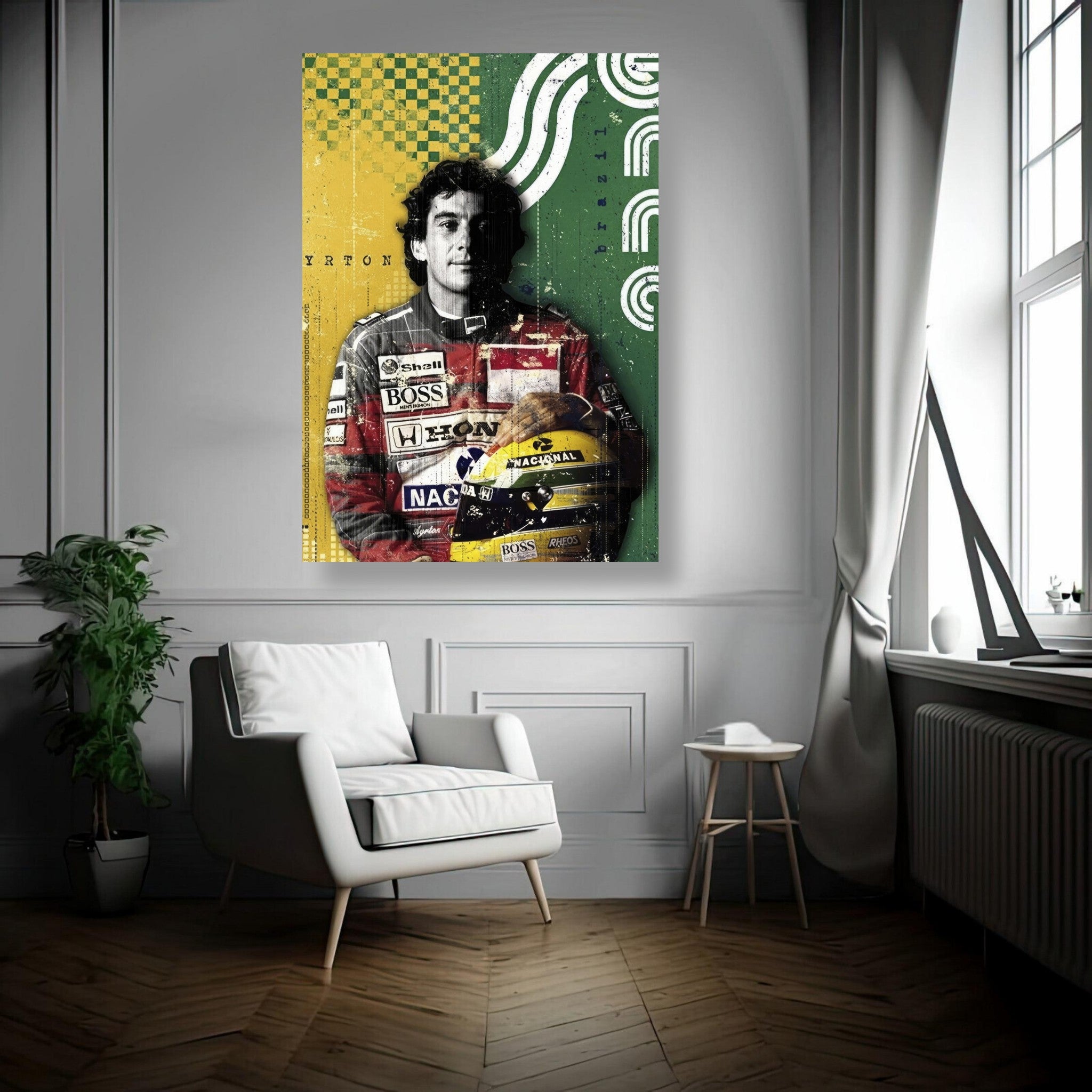 Ayrton Senna F1 legend metal poster featuring vibrant Brazilian flag colors in a stylish living room setting.