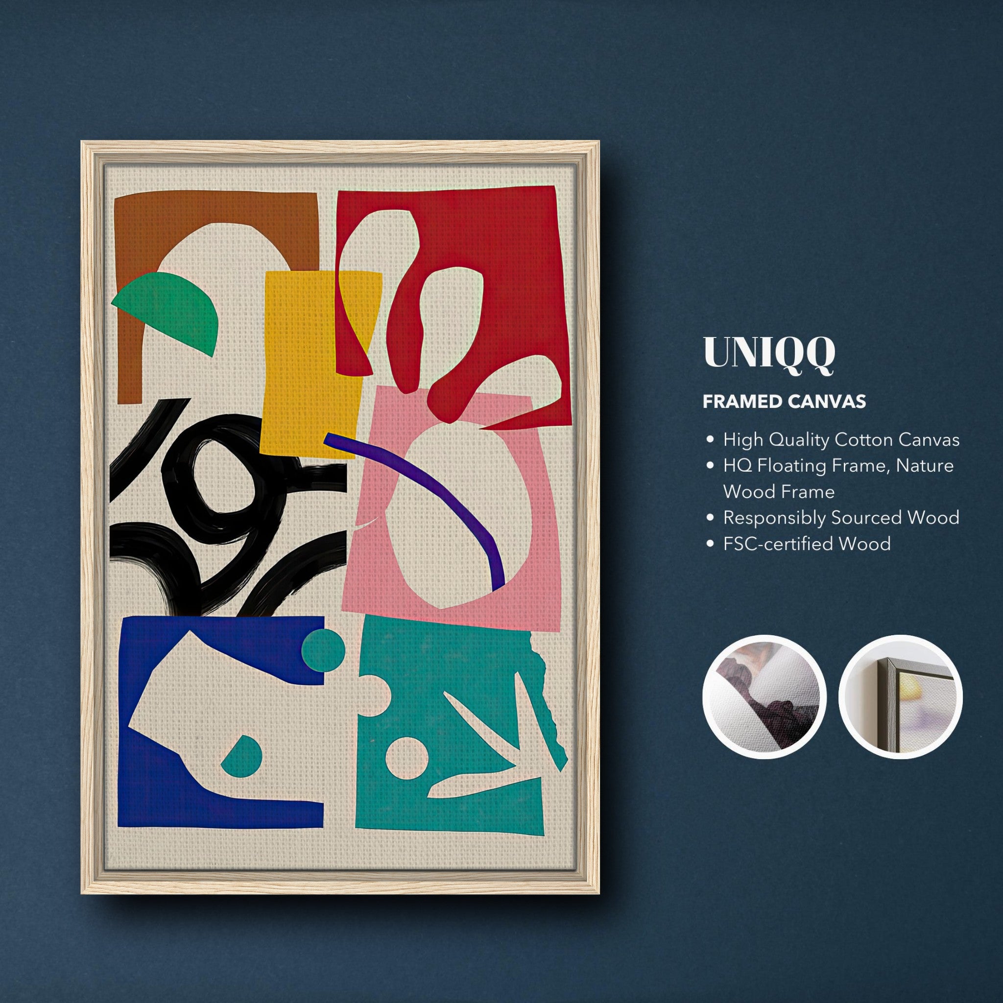 Abstract Harmony framed canvas print featuring vibrant colors and dynamic shapes in a modern design.