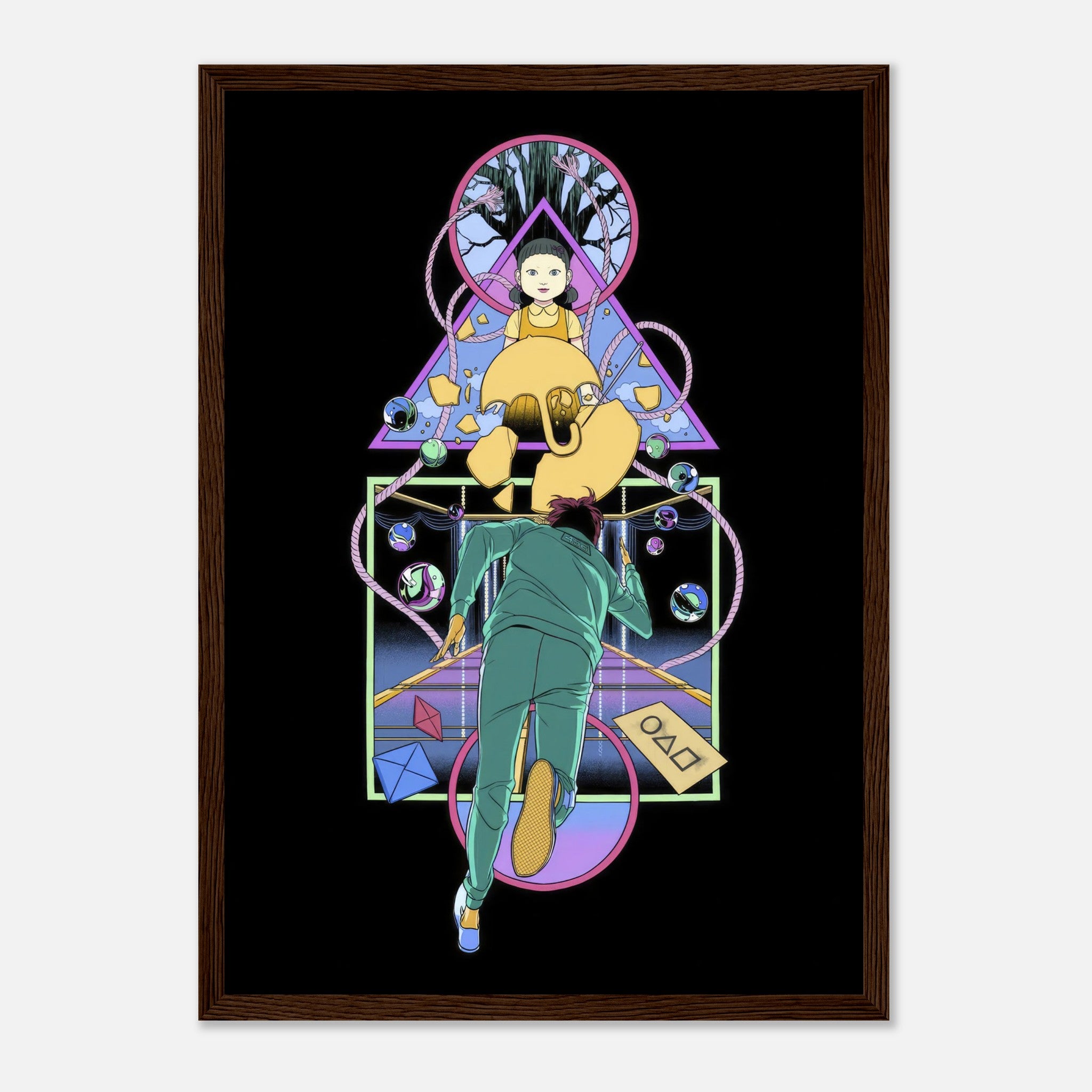 Doll Squid Game framed print featuring the iconic doll and a player in a visually striking design.