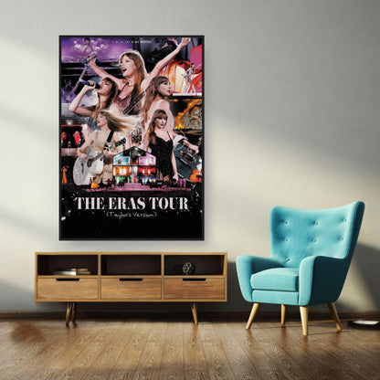 Framed poster of Taylor Swift's Eras Tour showcasing vibrant performances and costumes, displayed in a stylish room.