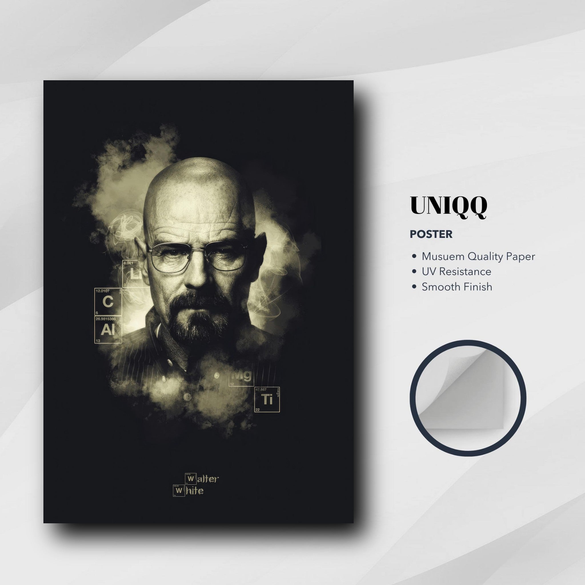 Walter White Heisenberg poster featuring a black-and-white design on museum quality paper with UV resistance.