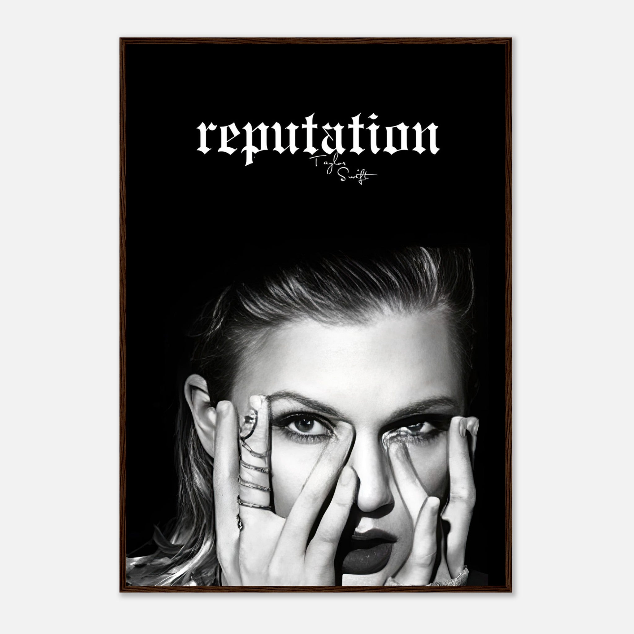 Taylor Swift Reputation framed print featuring striking black-and-white imagery and bold typography for elegant wall decor.