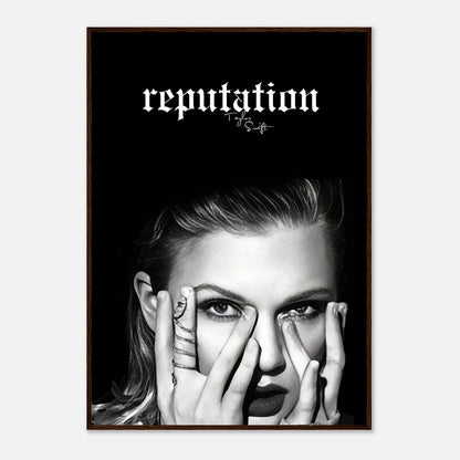 Taylor Swift Reputation framed print featuring striking black-and-white imagery and bold typography for elegant wall decor.