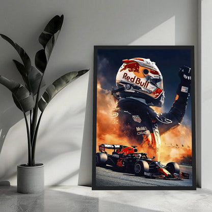 Max Verstappen Red Bull framed print showcasing a driver celebrating victory with a striking Formula 1 design.