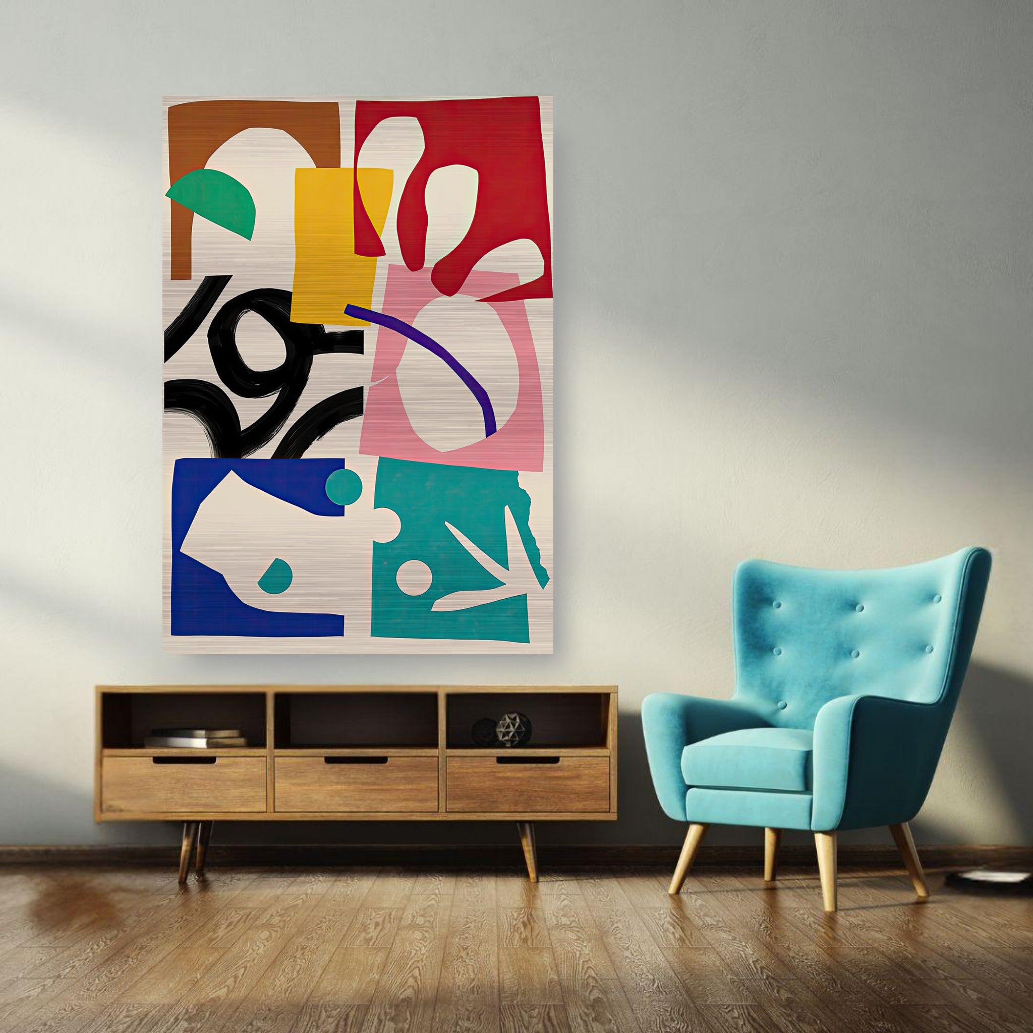 Colorful abstract geometric artwork on brushed metal, enhancing contemporary interior decor.