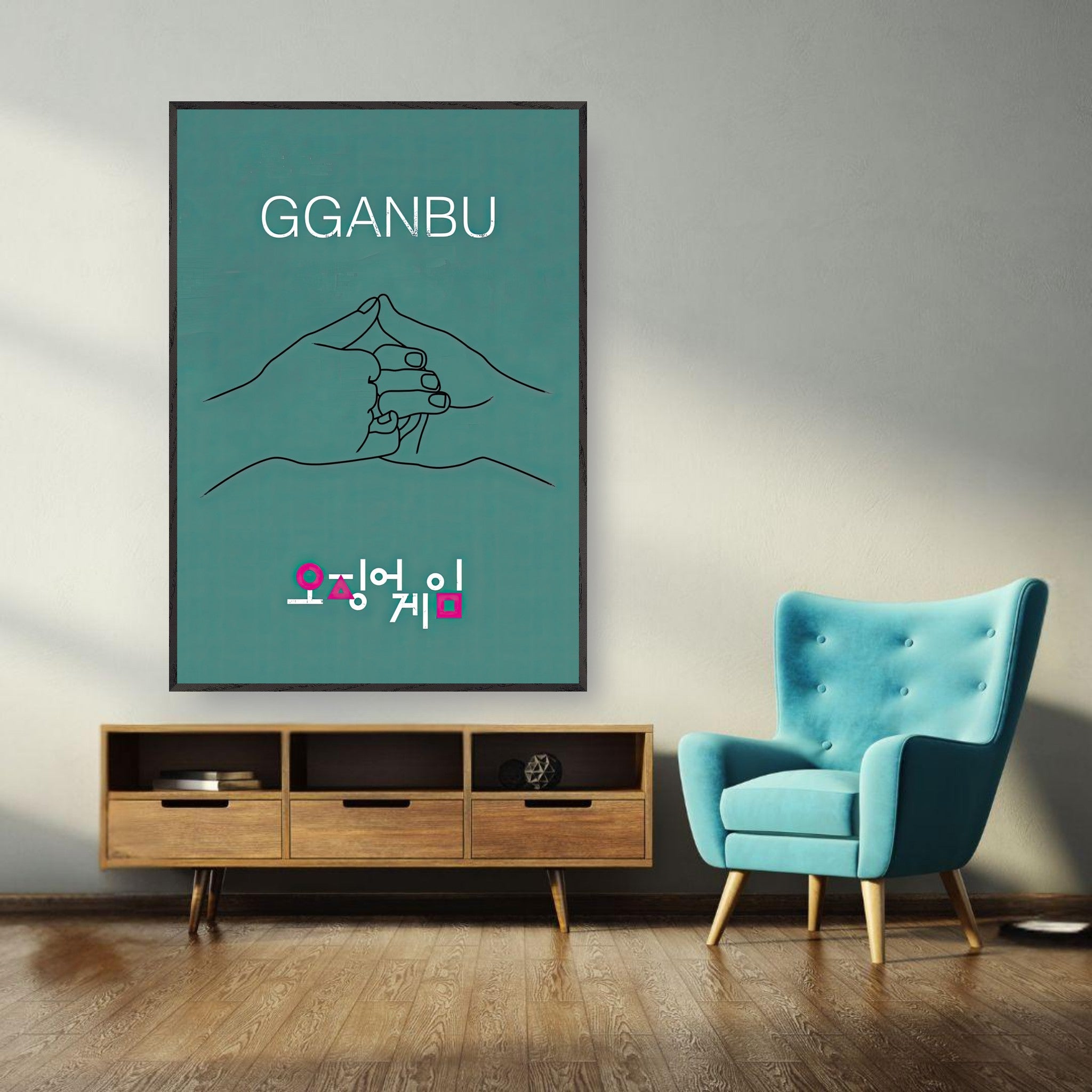 GGANBU Squid Game fine art print featuring two hands making a pinky promise on a teal background in a modern living room setting.