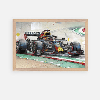 Framed fine art print of Max Verstappen's Red Bull racing car capturing speed and vibrancy in Formula 1 racing.