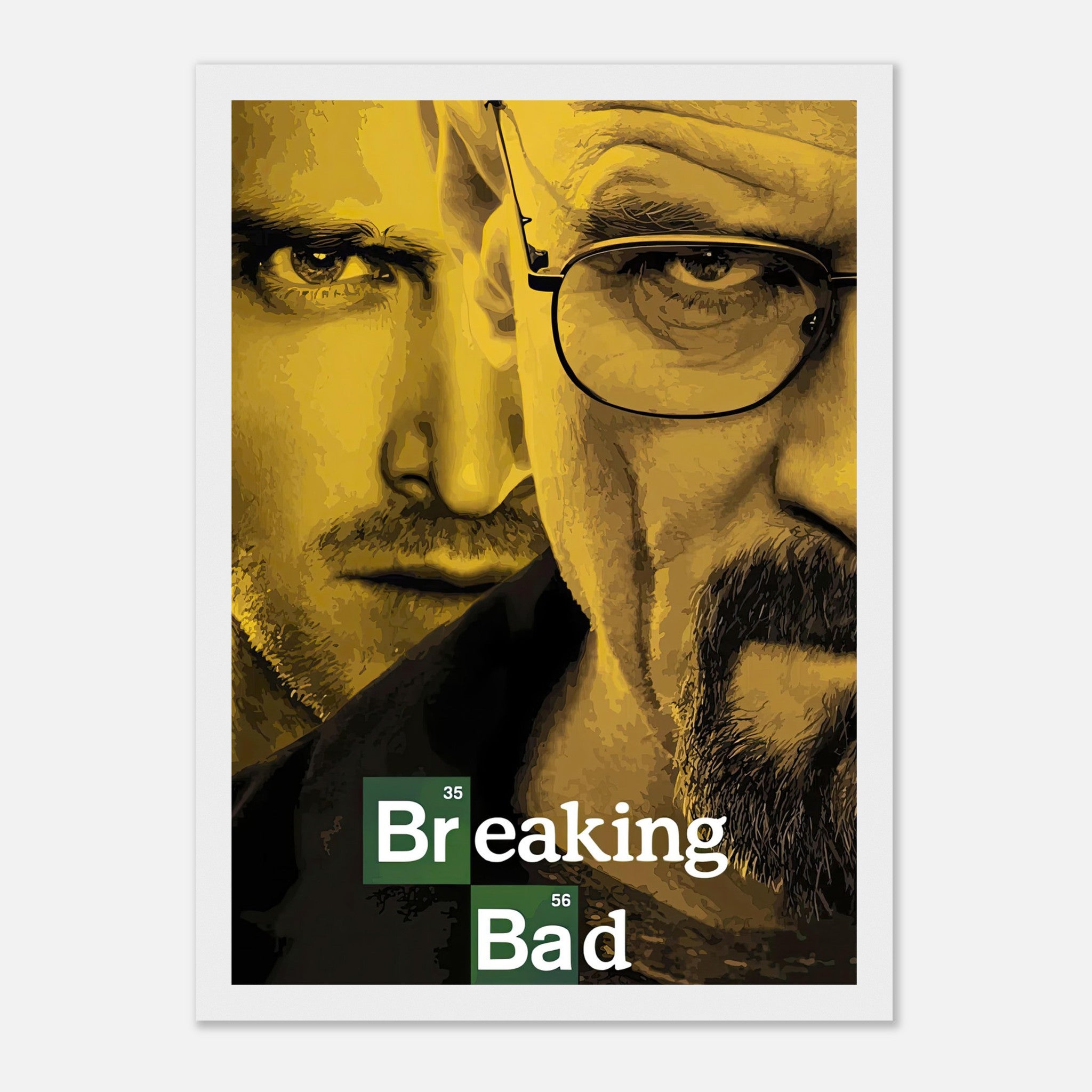 Breaking Bad official framed poster featuring iconic characters Walter White and Jesse Pinkman in dramatic tones.