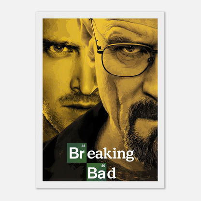 Breaking Bad official framed poster featuring iconic characters Walter White and Jesse Pinkman in dramatic tones.