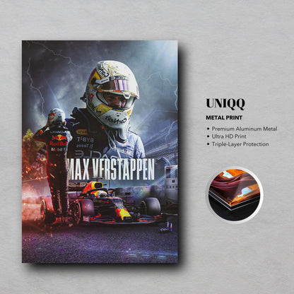 Max Verstappen Red Bull Racing metal print showcasing vibrant artwork on premium aluminum with ultra HD quality.