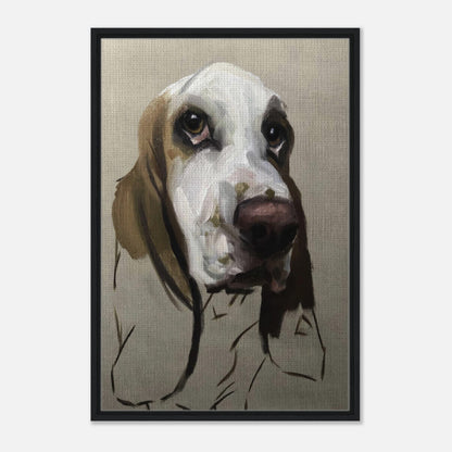 Framed canvas print of a Basset Hound painting with expressive features and earthy tones.