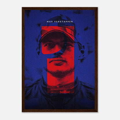 Max Verstappen framed print with bold colors and dynamic design celebrating Formula 1 racing spirit.