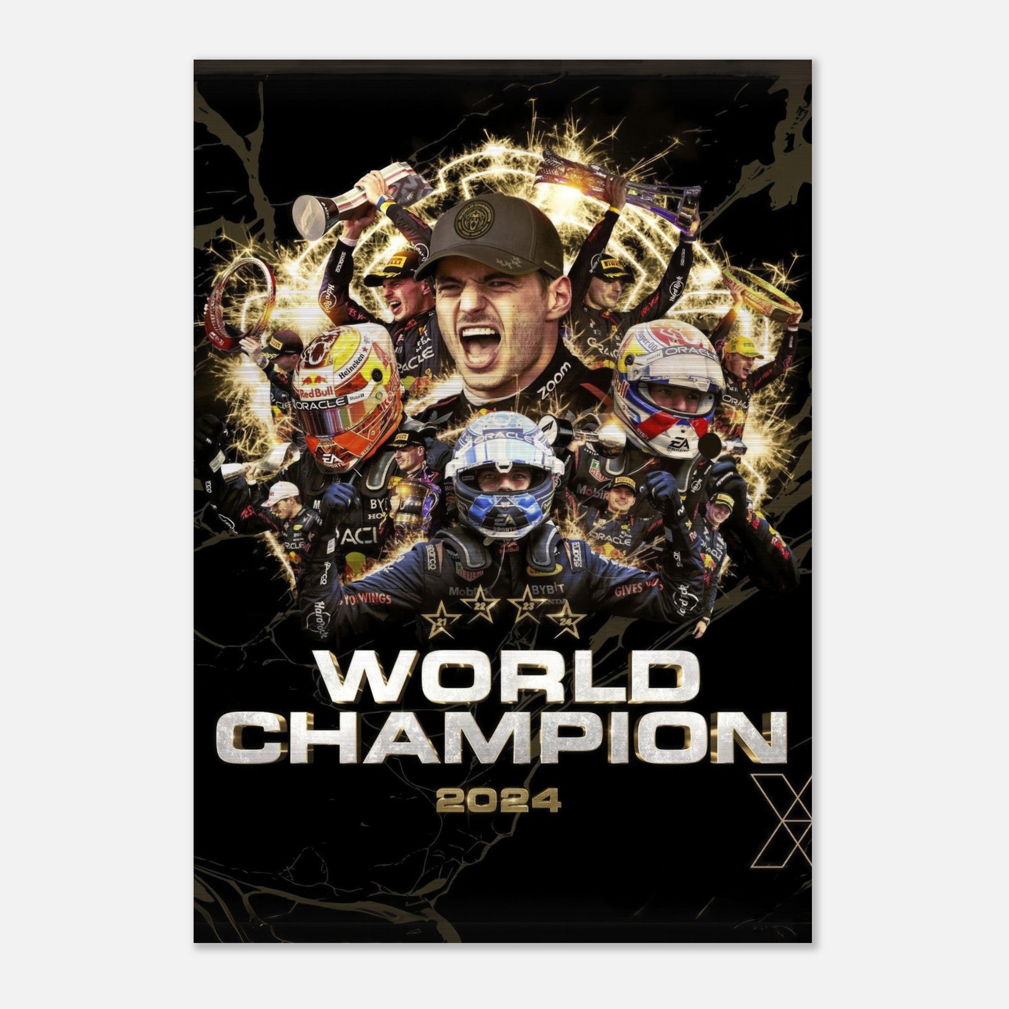 Max Verstappen 2024 World Champion artwork featuring racing accolades and vibrant designs on brushed metal.