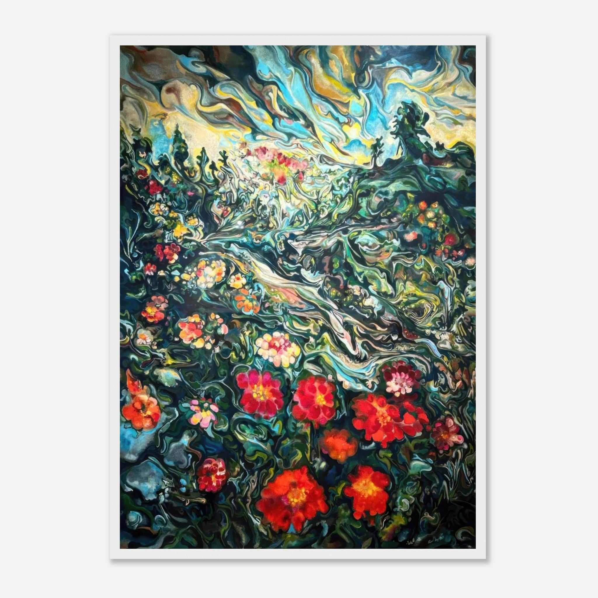 Abstract floral landscape painting framed print with vibrant colors and dreamy details, perfect for home decor.