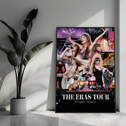 Taylor Swift Eras Tour framed poster featuring vibrant collage of performances and costumes in a stylish room setting.