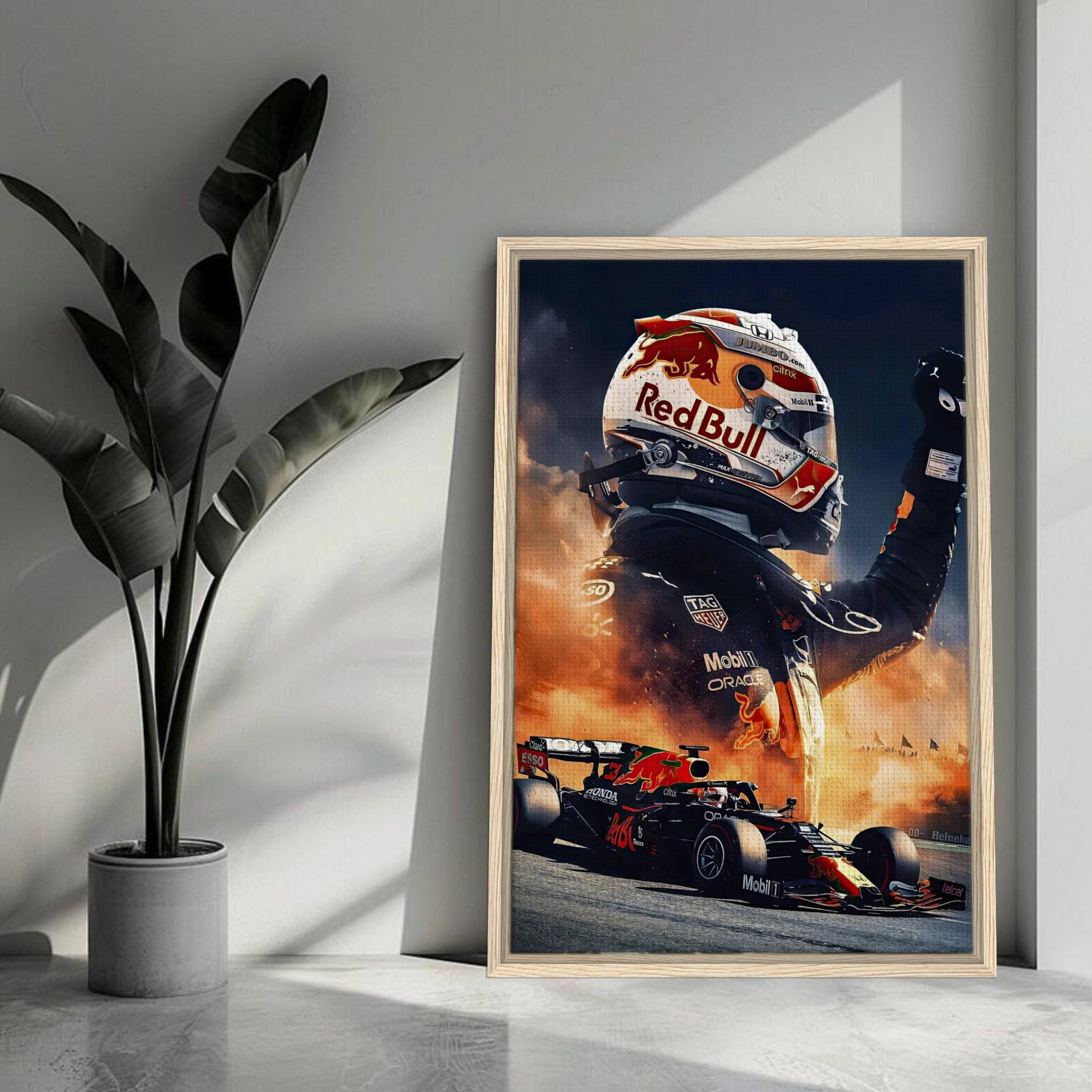 Max Verstappen Red Bull framed canvas print showing racing driver celebrating, perfect for Formula 1 fans' decor.