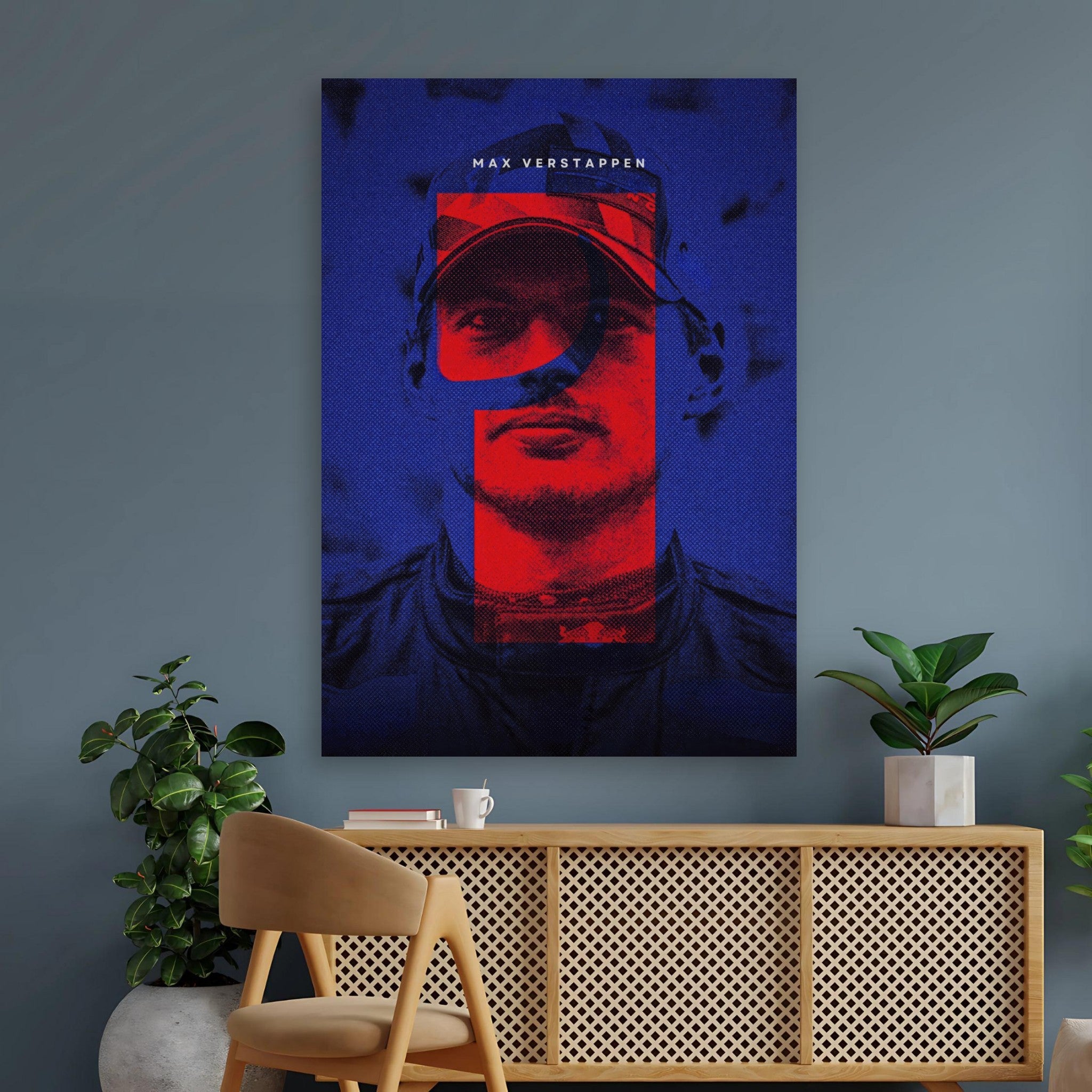 Max Verstappen F1 poster featuring bold colors and dynamic design, ideal for sports enthusiasts and room decor.