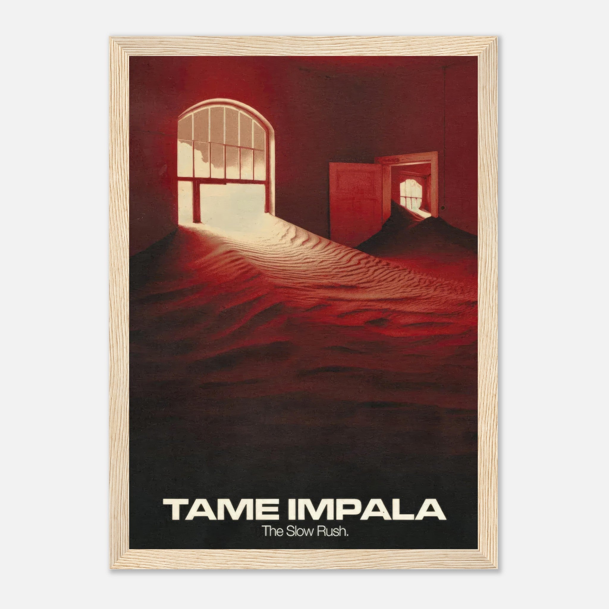 Framed print of Tame Impala's album "The Slow Rush," featuring surreal artwork with warm red tones and glowing windows.