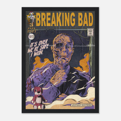 Vintage comic-style framed poster of Gustavo Fring from Breaking Bad with retro colors and distressed textures.