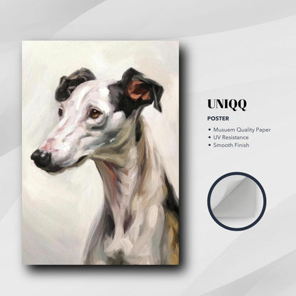Greyhound dog painting poster showcasing elegant portrait with soft brushstrokes, ideal for dog lovers' decor.
