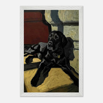 Black Labrador dog painting in museum quality, showcasing rich colors and strong brushstrokes in natural light.