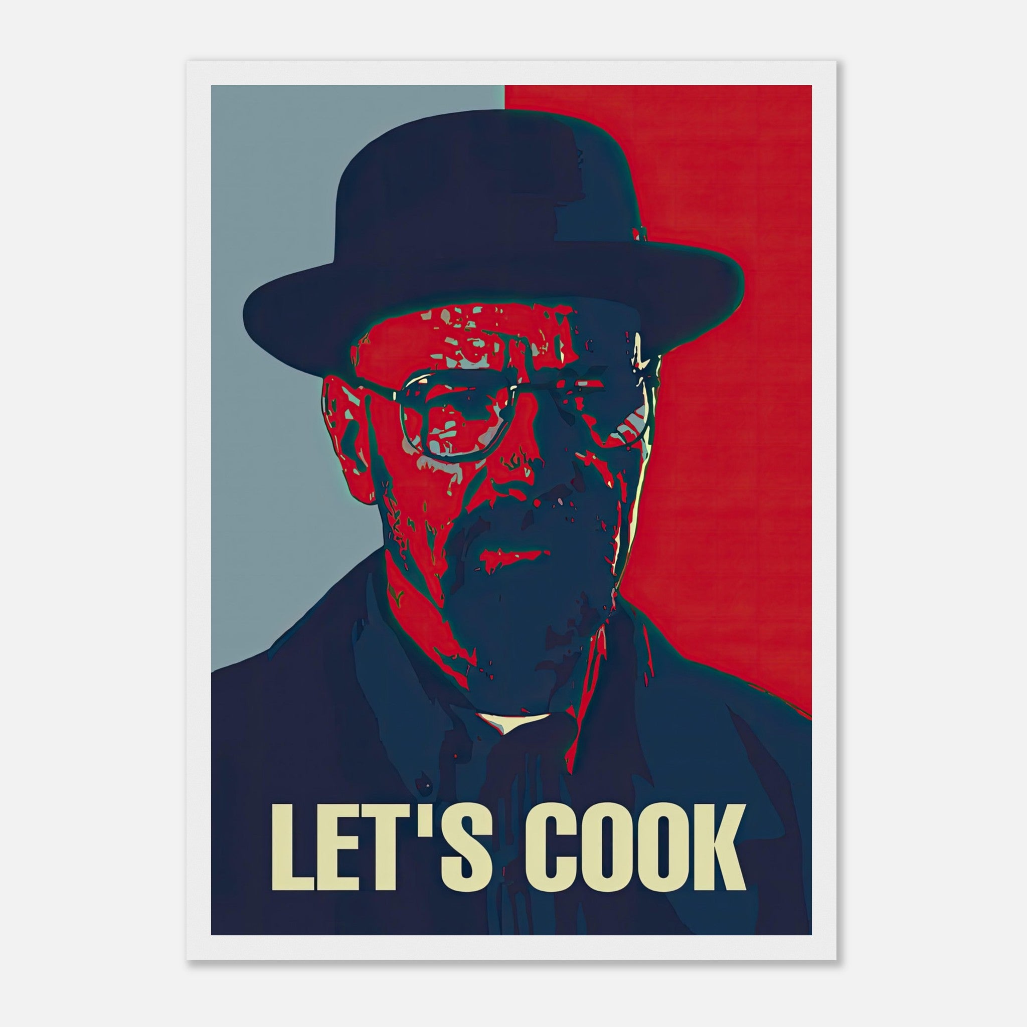 Heisenberg Let’s Cook framed print in bold red and blue colors, perfect for fans of pop art and iconic TV characters.