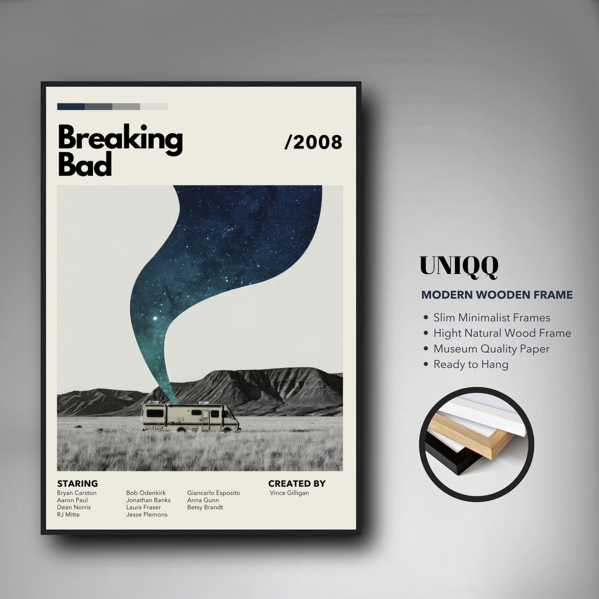 Framed print of Breaking Bad RV with galaxy design, modern black frame, minimalistic style, and museum quality paper.