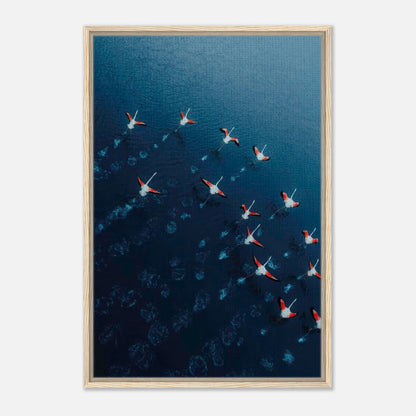 Aerial view of flamingos in flight over deep blue waters, framed canvas print showcasing nature's beauty.
