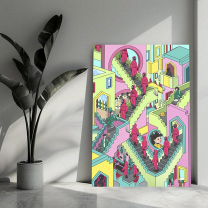 Squid Game inspired metal print featuring colorful staircase scene with characters in vivid details. Perfect wall art decor.