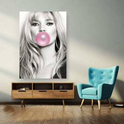 Kate Moss Pink Bubble Gum poster on wall featuring legendary supermodel blowing a pink bubble in a modern living room setting.