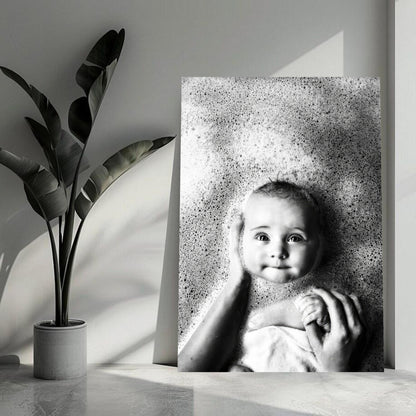 Black-and-white baby bath photography metal print capturing joy and innocence, ideal for nurseries and living spaces.