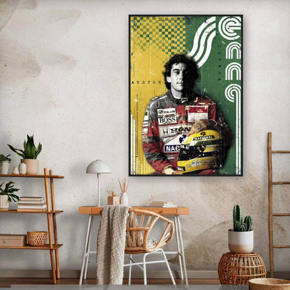 Ayrton Senna framed print showcasing the F1 legend in vibrant green and yellow, perfect for motorsport enthusiasts.